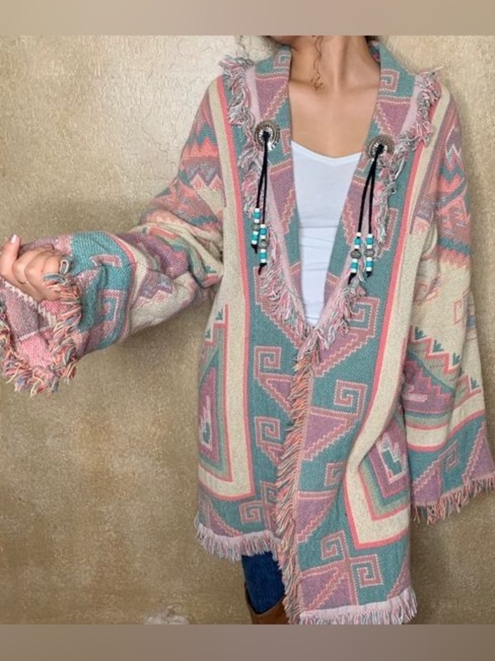 Boho Fringe Jacquard Cardigan Sweater - Pink & Sage - Picture 8 of 8
